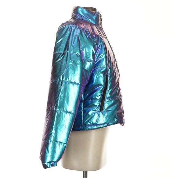 NWOT Club Exx x Dolls Kill Iridescent Metallic Hooded Zip Up Snow Puffer Jacket - Picture 4 of 8